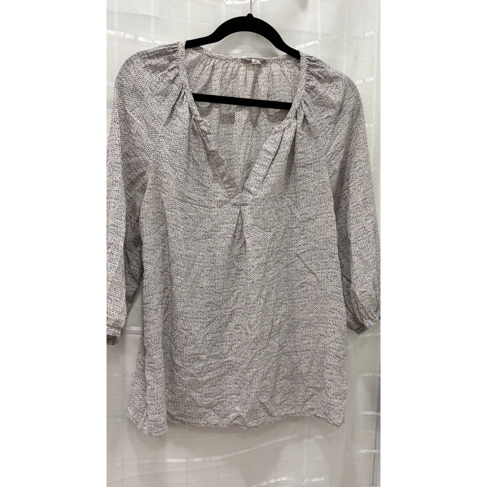 Pleione Womens Gray White 100% Silk Split V-Neck‎ 3/4 Sleeve Blouse Size Medium
